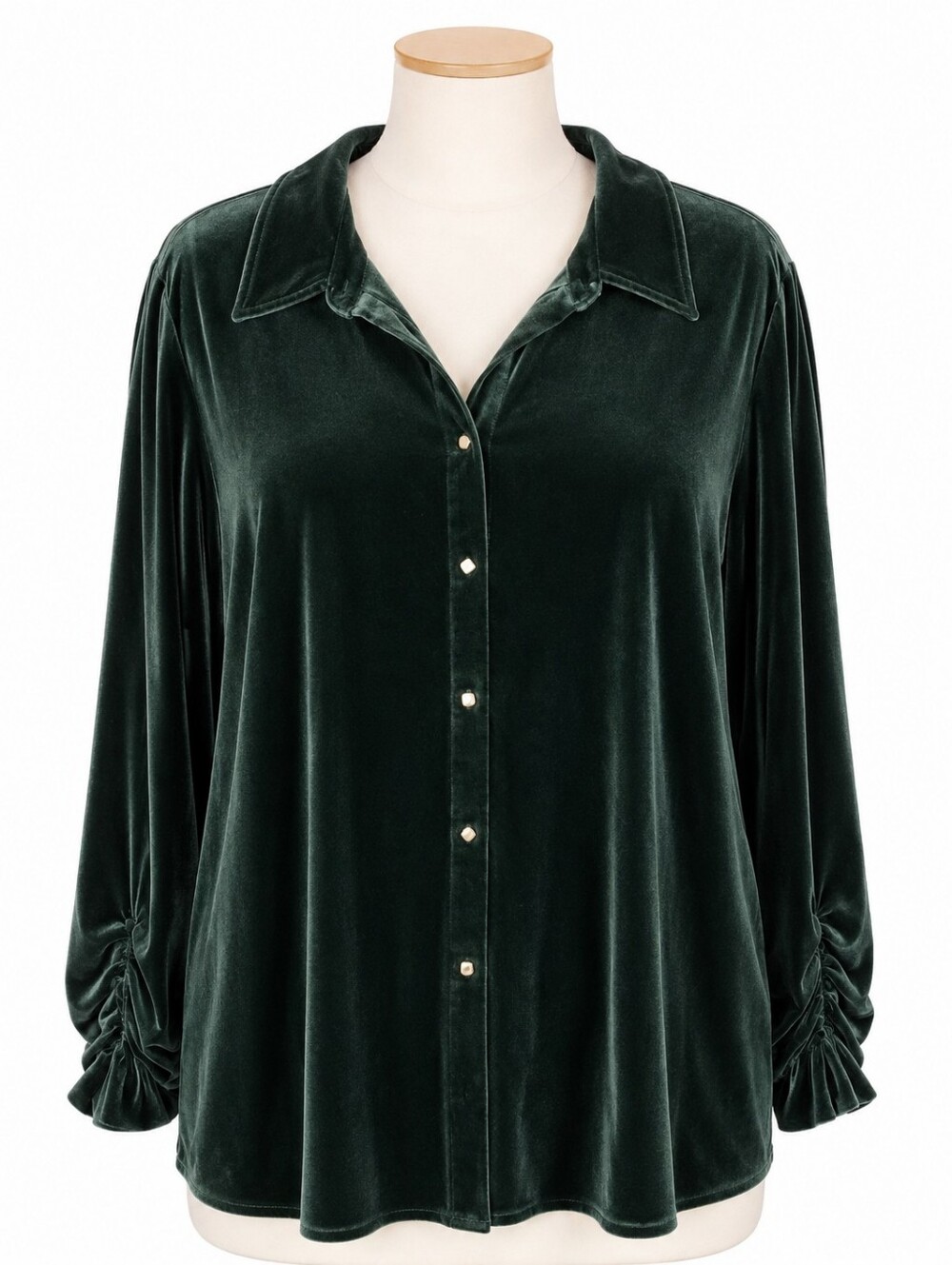 Susan Graver Green Velvet Velour Ruched Sleeve Button Down Tunic Top 3X Petite